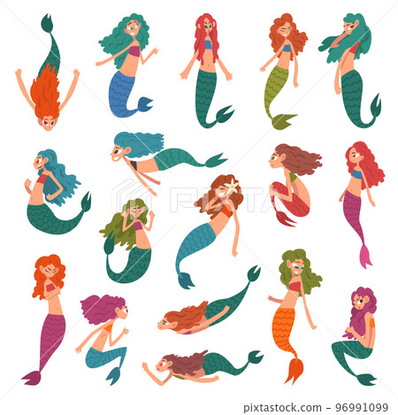 Mermaid or Seamaid with Lush Hair Floating Underwater Big Vector Set 96991099