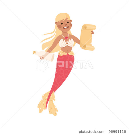 Mermaid Floating Underwater Finding Bottle with Letter Vector Illustration 96991116