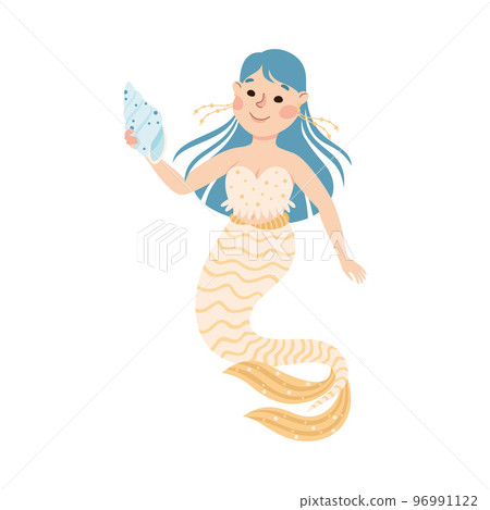 Mermaid with Wavy Blue Hair Floating Underwater with Conch Vector Illustration Mermaid with Wavy Blue Hair Floating Underwater with Conch Vector Illustration 96991122