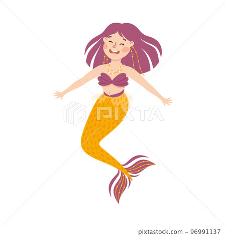 Mermaid with Wavy Purple Hair Floating Underwater Vector Illustration 96991137