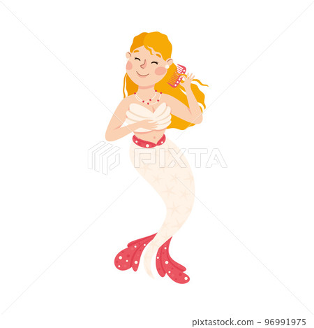 Mermaid Brushing Wavy Hair with Comb Floating Underwater Vector Illustration 96991975