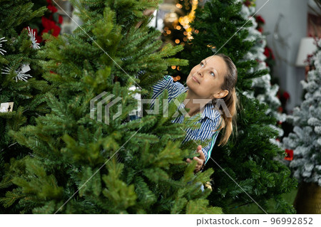 Feminine lady in casual shirt buying artificial Christmas trees before holidays in a store 96992852