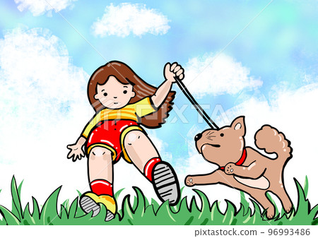 Color illustration looking from below at a girl walking her dog Color illustration looking from below at a girl walking her dog 96993486