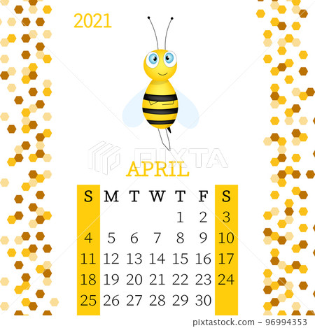 Calendar 2021. Monthly calendar for April 2021 from Sunday to Saturday. Yearly Planner. Templates with cute hand drawn bee. Vector illustration. Great for kids. Calendar page for print. 96994353