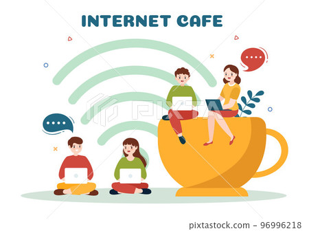Internet Cafe of Young People Playing Games, Workplace use a Laptop, Talking and Drinking in Flat Cartoon Hand Drawn Templates Illustration 96996218