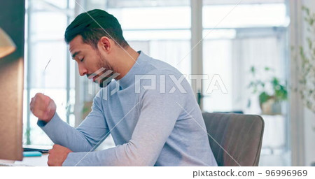 Stressed businessman, trader and investment on computer in burnout, debt or financial pressure at the office. Man investor giving up or loss in finance with headache, depression and anxiety at work Stressed businessman, trader and investment on computer in burnout, debt or financial pressure at the office. Man investor giving up or loss in finance with headache, depression and anxiety at work 96996969