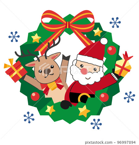 Illustration of Santa Claus and reindeer with gifts and Christmas wreath 96997894