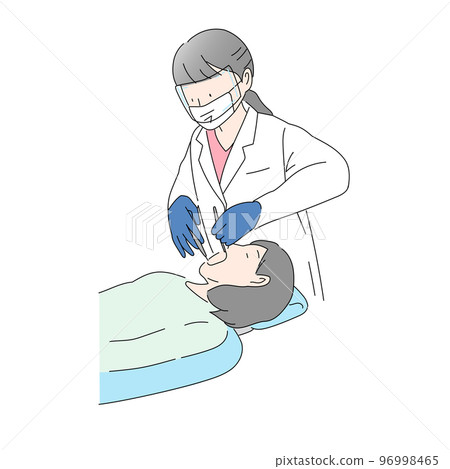 Female dentist (thin line) examining patient's teeth 96998465