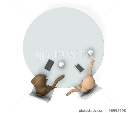 兩個商人聚在一張圓桌旁,互相認識。在茶歇期間聊天。 兩個商人聚在一張圓桌旁,互相認識。在茶歇期間聊天。 96998598