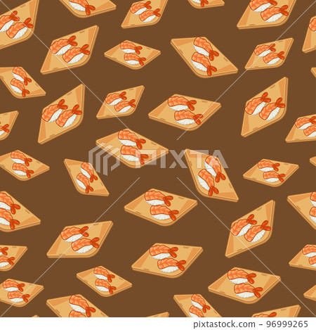 cartoon sushi-shrimp, japanese food seamless pattern on colorful background 96999265