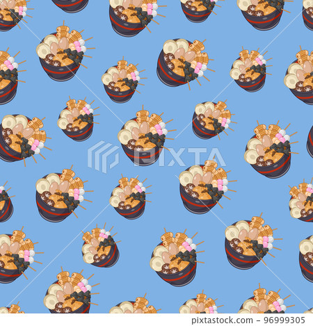 cartoon oden, japanese food seamless pattern on colorful background 96999305