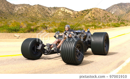 Cyberwoman riding a four-wheeled buggy 97001910