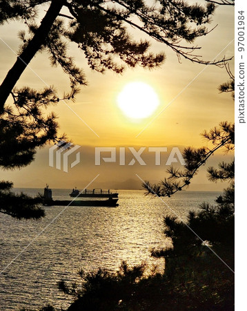 Seascape with a view of Tsushima Island and a cargo ship 97001984
