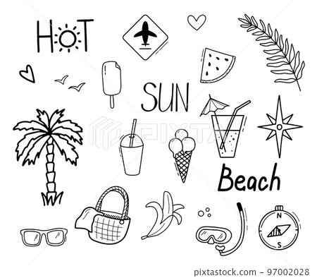 Summer vector outline icons set in doodle style. Beach and travel illustrations isolated on white. Summer vector outline icons set in doodle style. Beach and travel illustrations isolated on white. 97002028