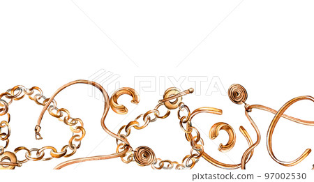 Board of golden bracelet, chaintet, earrings watercolor illustration isolated on white. Board of golden bracelet, chaintet, earrings watercolor illustration isolated on white. 97002530
