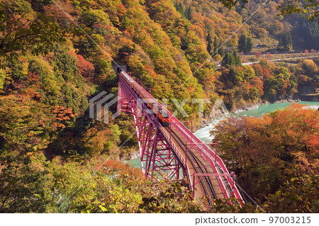 Railway bridge and trolley of Kurobe Gorge Railway in autumn colors Railway bridge and trolley of Kurobe Gorge Railway in autumn colors 97003215