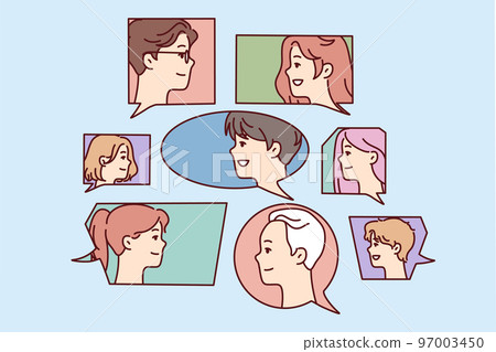 Faces of men and women in speech bubbles symbolize public discussion or brainstorming. Vector image Faces of men and women in speech bubbles symbolize public discussion or brainstorming. Vector image 97003450