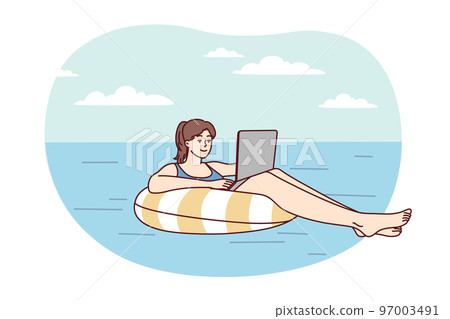 Successful woman floats on air mattress in sea with laptop on lap in sunny resort. Vector image 97003491
