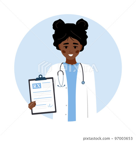 Medical prescription. African female doctor in uniform holding clipboard with recipe for patient. Healthcare, treatment and pharmacy concept. Vector illustration in flat cartoon style Medical prescription. African female doctor in uniform holding clipboard with recipe for patient. Healthcare, treatment and pharmacy concept. Vector illustration in flat cartoon style 97003653