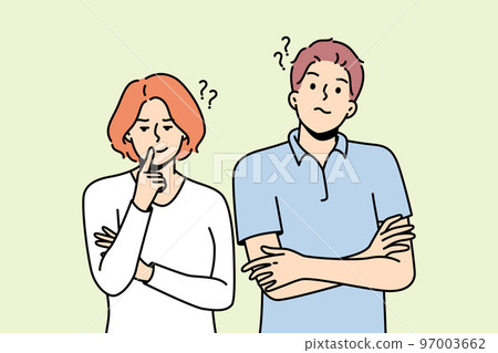 Young woman, man stand side by side in disbelief. 97003662