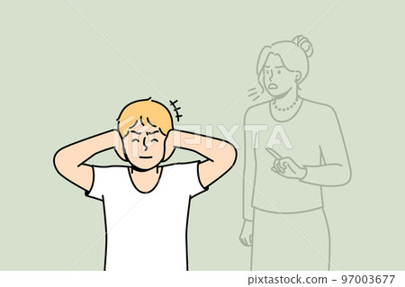 Boy closes ears not to hear voice of his mother. 97003677