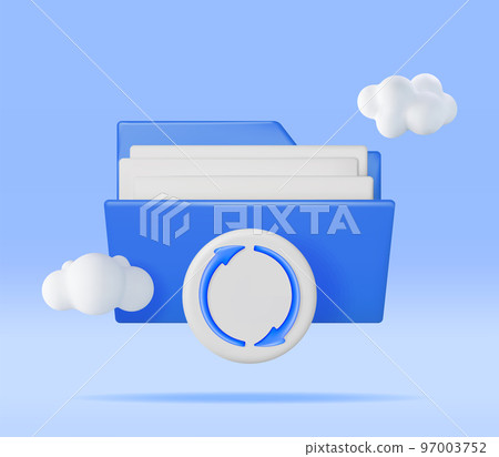 3D Blue Folder in Clouds with File Sync Icon 97003752