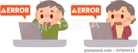 An elderly man and an elderly woman shocked by an error message 97004418