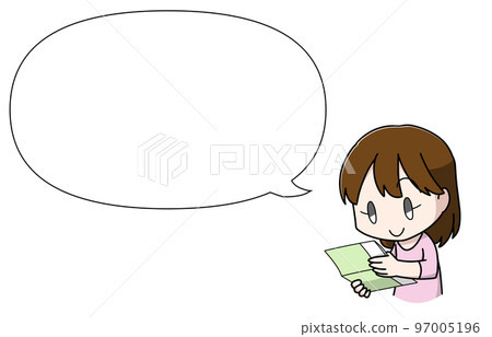 Illustration of a woman looking at a passbook with a balloon 97005196