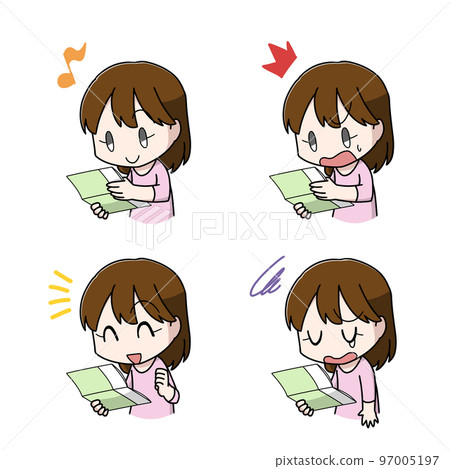Illustration 4 patterns of a woman looking at a passbook Illustration 4 patterns of a woman looking at a passbook 97005197