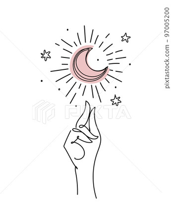 Hand drawn, hand and moon icon, logo for cosmetics, astrology, tarot, mystical boho vector illustration. Design element for handmade goods, eco shop. 97005200