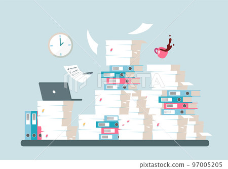 Stack of documents, papers and folders on the desktop. The concept of recycling, career growth, professional burnout. Flat vector illustration isolated. 97005205