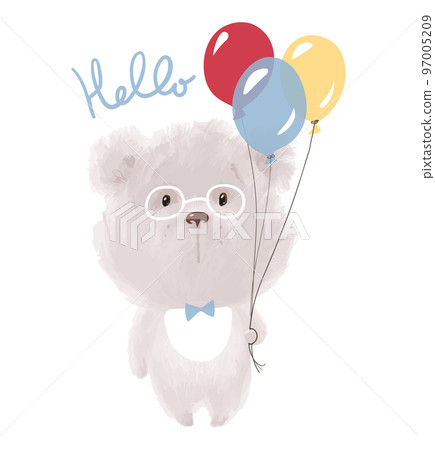 Cute white teddy bear in glasses holds balloons, hello. Funny character for card, birthday, baby shower. Vector illustration isolated on a white background. 97005209