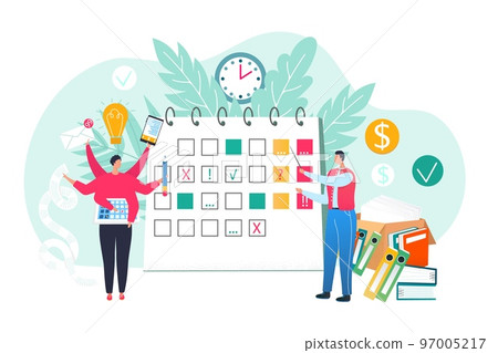 Working process vector illustration. Teamwork on new project. Coworkers, managers at timetable and working together, paper documents. 97005217