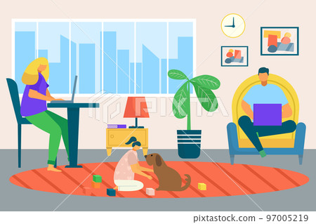 Freelance work home, male, female character working on laptop at home, self employed, home office vector illustration. Workplace. Freelance work home, male, female character working on laptop at home, self employed, home office vector illustration. Workplace. 97005219