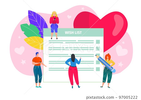 Wish list concept vector illustration. Checkout, sale, e-commerce, delivery of gifts on christmas or new year. Plan for holiday shopping. Wish list concept vector illustration. Checkout, sale, e-commerce, delivery of gifts on christmas or new year. Plan for holiday shopping. 97005222