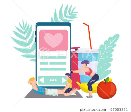 Training at home concept, fitness vector illustration. Parents and kid doing sport exercises, training at home in front of phone app. 97005251