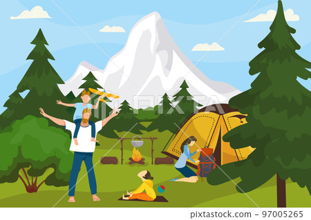 Summer camp on nature, in forest, vacation with tent, adventure vector illustration. Family camping and cooking in campfire. 97005265