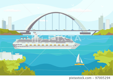 Sea transport, luxury cruise ship liner in ocean waters vector illustration. Boats and yacht, sea transportation for nautical travel. 97005294