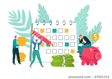 Payday loans concept, business application for money loan vector illustration. Man with pen on payment schedule day calendar pay day. Payday loans concept, business application for money loan vector illustration. Man with pen on payment schedule day calendar pay day. 97005354