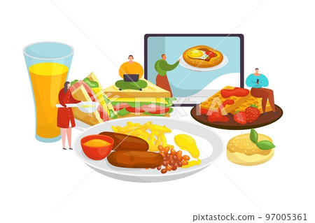 Order food delivery online isolated vector illustration. Take away fast food, pizza, hamburger fast home delivering. Deliveryman. Order food delivery online isolated vector illustration. Take away fast food, pizza, hamburger fast home delivering. Deliveryman. 97005361