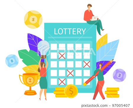 Lottery concept vector illustration. People filling out bingo lotto lottery ticket or coupon with pencil. Win fortune luck, lucky ticket. 97005407