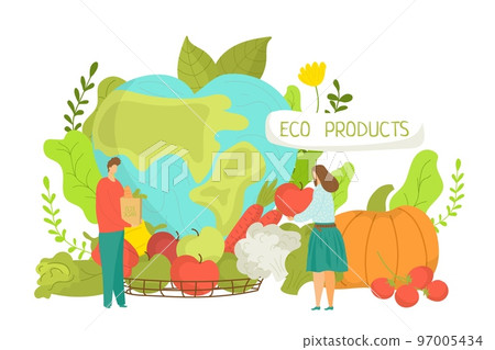 Eco food concept, healthy organic natural vegetables and fruits for fresh market, ecology, vector illustration. Vegan ecological diet. 97005434