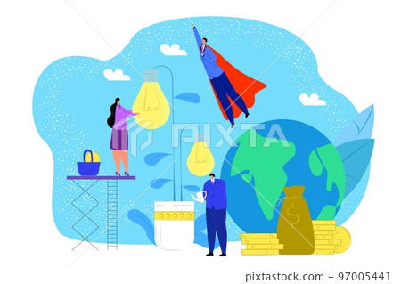 Cultivation of ideas concept, vector illustration. People, managers or investors cultivating light bulb growing in giant pot. Cultivation of ideas concept, vector illustration. People, managers or investors cultivating light bulb growing in giant pot. 97005441