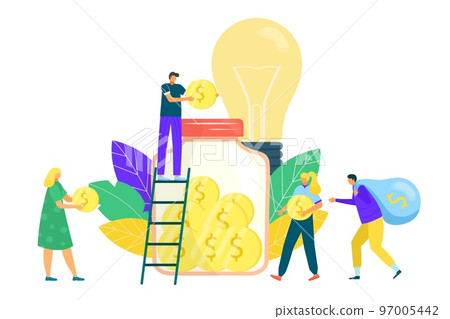 Crowdfunding concept in flat style, new business model money investment, vector illustration. Funding project by raising monetary contributions. 97005442