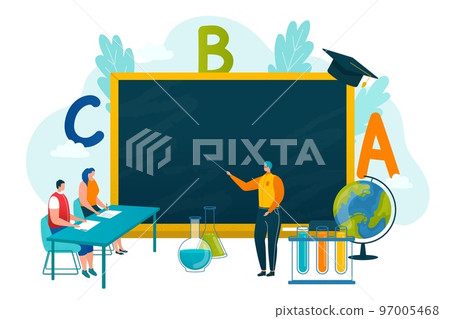 Back to school concept, pupil writes with chalk in blackboard in school class vector illustration. Children learning in classroom. Knowledge. 97005468