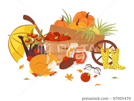 Autumn, fall season vector illustration set, composition.Cute animals, hedgehog, fox and autumnal harvest, pumkin, apple umbrellas. 97005470