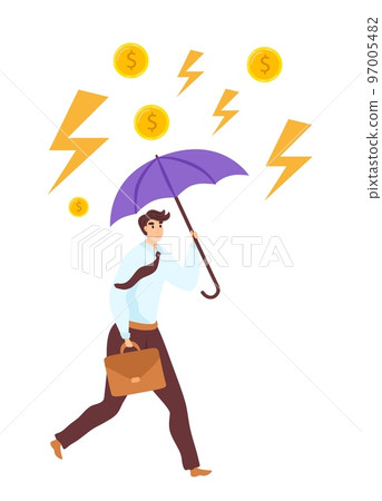 Business problems, financial decrease graph vector illustration. Businessman hand umbrella money rain. Stock financial trade. 97005482