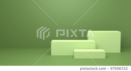 3d rendering of abstract minimal concept background geometry shape empty podium on green color. Scene for advertising, cosmetic ads, showcase, cream, magazine, fashion. Illustration. Product display 97006332