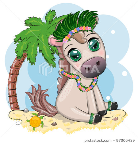 Nice horse, pony in flower wreath, hat, guitar, hula dancer from Hawaii. Summer card for the festival, travel banner Nice horse, pony in flower wreath, hat, guitar, hula dancer from Hawaii. Summer card for the festival, travel banner 97006459