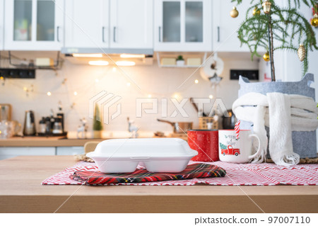 Food delivery service containers on table white scandi festive kitchen in christmas decor. Eve New year, saving time, too lazy to cook, hot order, disposable plastic box in fairy light. mock up Food delivery service containers on table white scandi festive kitchen in christmas decor. Eve New year, saving time, too lazy to cook, hot order, disposable plastic box in fairy light. mock up 97007110